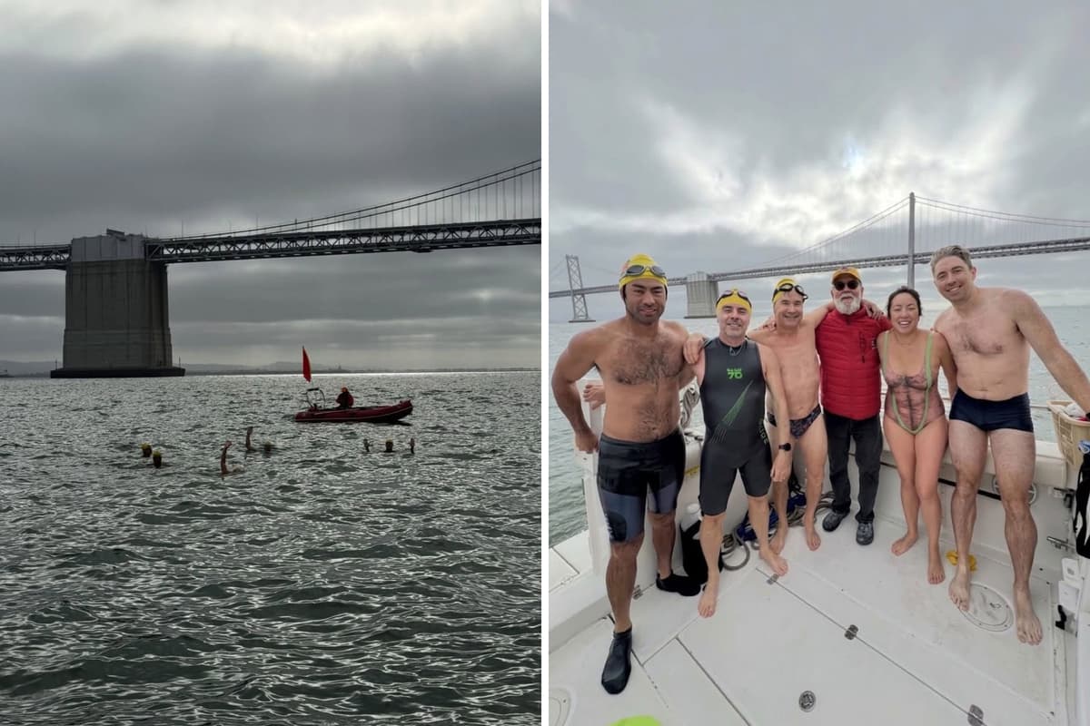 Bridge to Bridge swimmers near the Bay Bridge, and the swim group aboard afterward