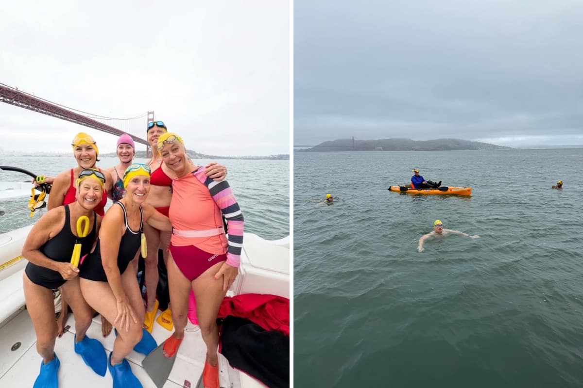 Swimmers aboard before a swim, and swimmers with a kayak escort off Angel Island